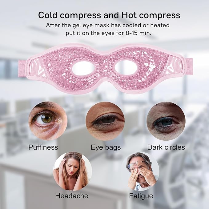 Ruzzut Cooling Gel Eye Mask, 2 PCS Reusable Eye Pad & Cool Compress for for Puffiness & Swelling, Cold Pack with Plush Backing for Migraine & Stress Relief, Pink