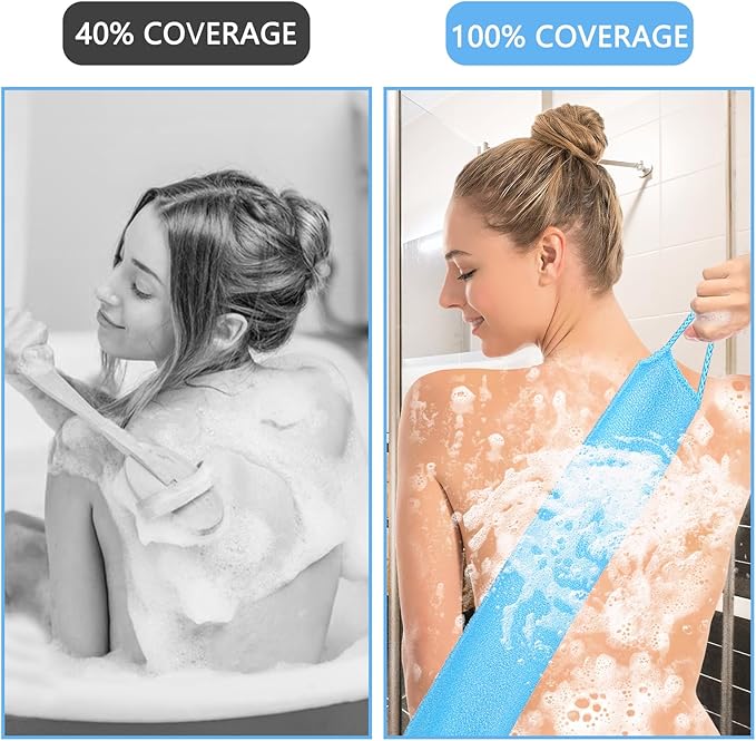 COMNICO 2pcs Exfoliating Back Scrubber, Nylon Shower Bath Exfoliator Extended Length Body Scrub Towel Stretchable Pull Korean Washcloth Strap with Handles(Blue + Gray)