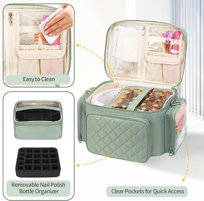 Bagmoly Nail Polish Organizer, Nail Polish Storage Holds 42+ Bottles & Nail Lamp, Portable Travel Nail Kit Storage Carrying Case Fits Nail Suppiles, Gift for Manicurist, Grils - Green