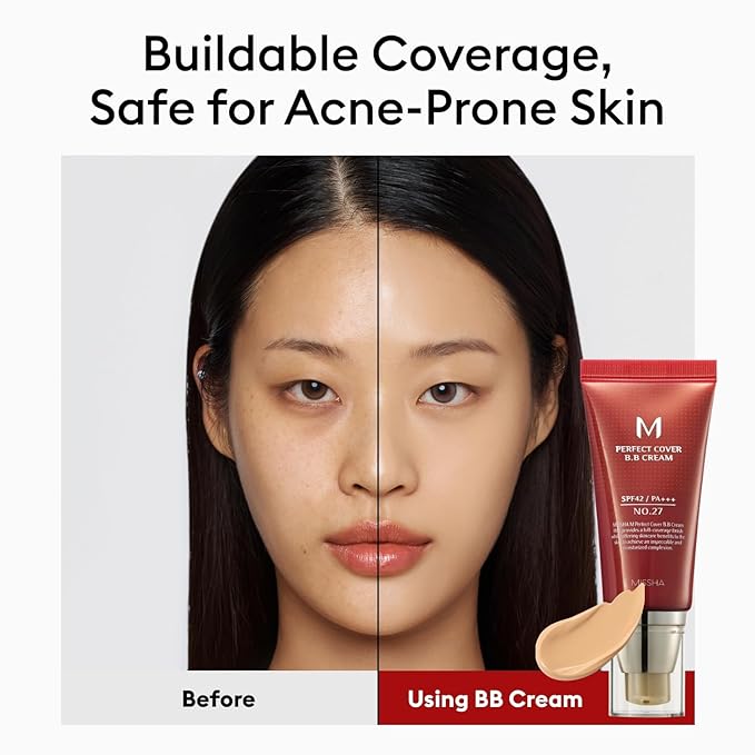 MISSHA M Perfect Cover BB Cream No.27 Honey Beige - Medium with Neutral/Warm Undertone SPF 42 PA +++ 1.69 Fl Oz - Tinted Moisturizer for face with SPF