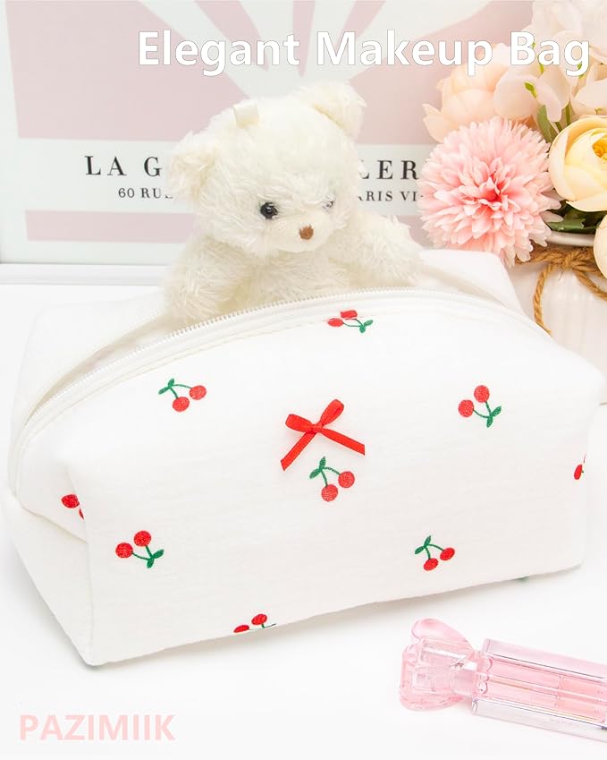 PAZIMIIK Cozy Makeup Bag for Women,Zipper Cosmetic Pouch,Gauze Cherry