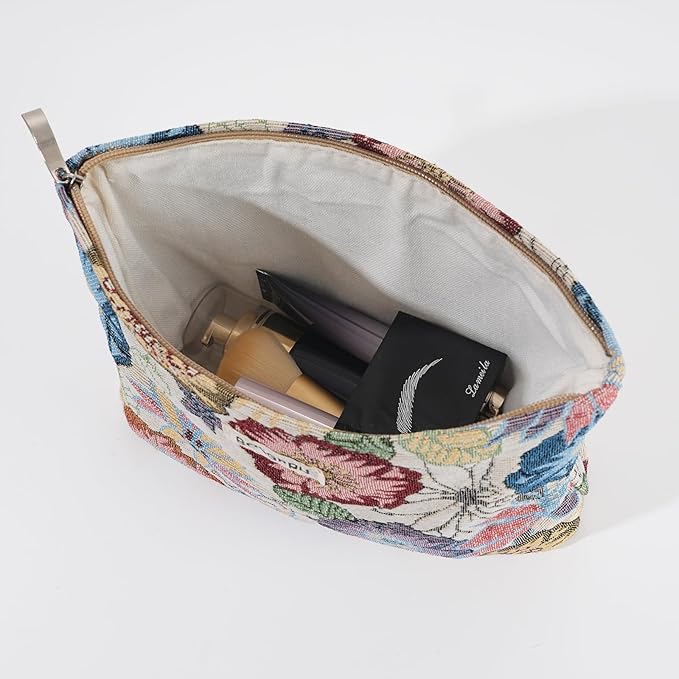 BOCGRPU 2 PCS Makeup Bag Set Cute Small Cosmetic Bag for Purse ，Large Toiletry Bag Makeup Organizer，Travel Pouch with Zipper for Women, (Flower Garden White)