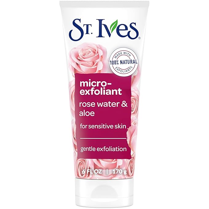 St. Ives Gentle Smoothing Face Scrub Our Gentlest Scrub Yet Rose Water and Aloe Vera Made with 100 percent Natural Exfoliants, Paraben Free, Oil-Free, Dermatologist Tested 6 oz