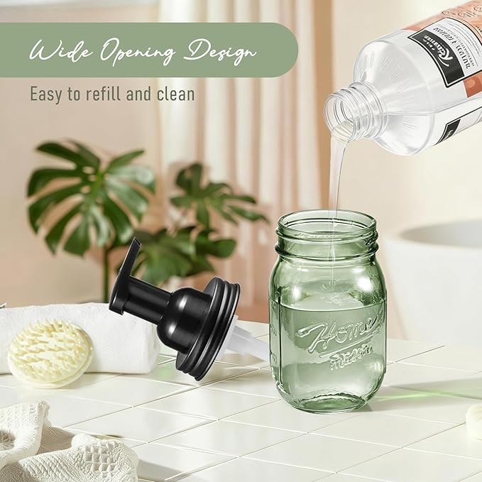 SheeChung 16Oz Mason Jar Foaming Soap Dispenser, Stainless Steel Lid, BPA Free Pump, Green Glass Foam Hand Soap Dispenser, Refillable Liquid Foam Dispenser Bottle for Bathroom Kitchen, Dish Soap-Black