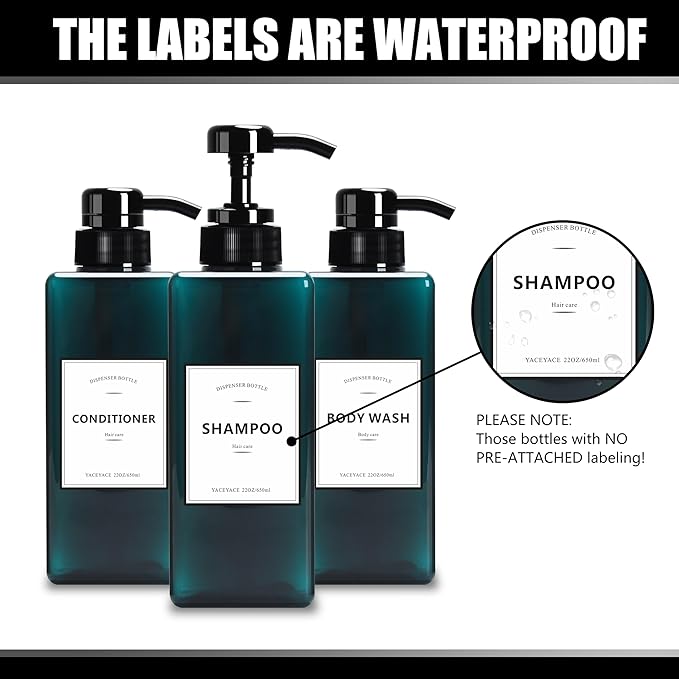 YACEYACE Large Shower Bottles with Pump, 22oz Set of 3 Shampoo Dispenser Bottles, Refillable Shampoo Dispenser Bottles for Travel, Bathroom, Kitchen