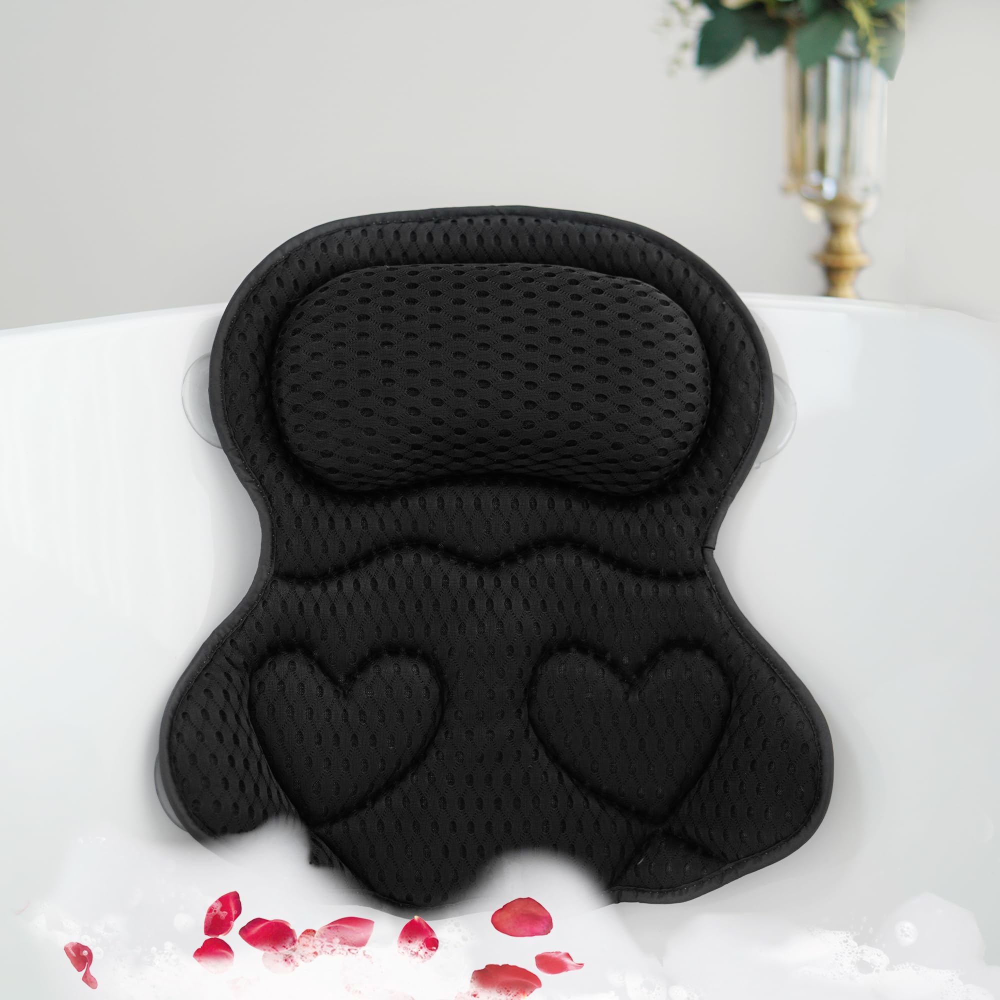 Bath Pillows for Tub Luxury, Bath Pillow for Head and Neck, Fit Bathtub Hot Tub Relaxing Gifts for Women, Comfort 4D Air Mesh Fabric & 6 Non-Slip Suction Cups, Black