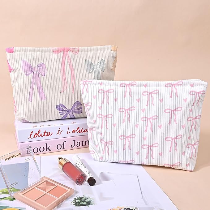 Ksriylm Cute Makeup Pouch for Women Bows Hearts Small Make Up Bag for Purse Zipper Initial Cosmetic Bags Pouches for Purse Aesthetic Travel Toiletrybags,Pink Bow Heart