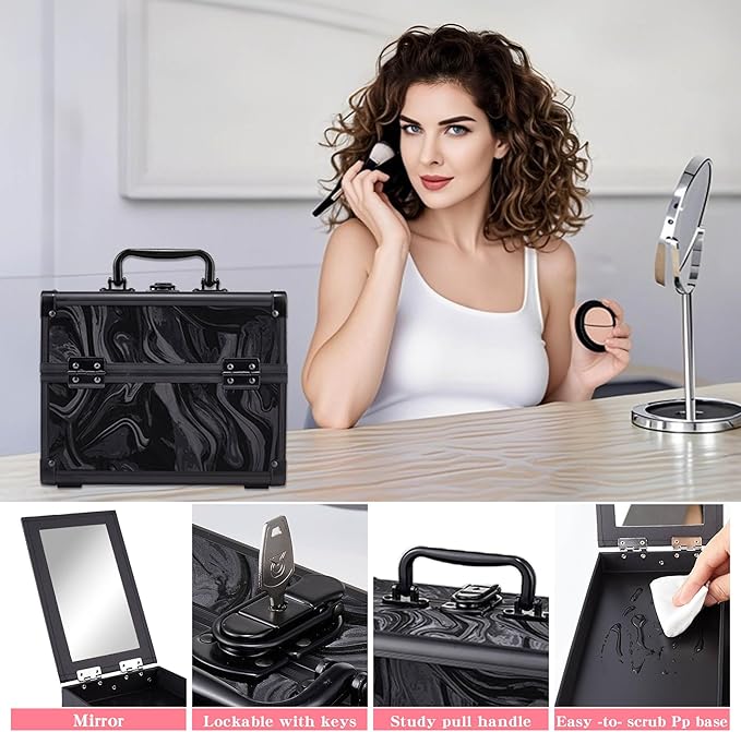 GALHUBIS Makeup Train Case, Portable Makeup Case with Mirror, 2-Trays Cosmetic Organizer Case,Nail Polish Organizer, Travel Makeup Box, Profesional for Salon Barber, Pattern Black