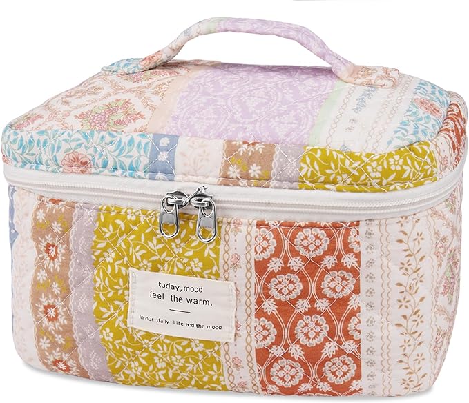 Gosect Floral Quilted Makeup Bag, Large Capacity Travel Cosmetic Organizer Bag with Handle, Portable Toiletry Bag for Women 6.3'' x 6.3'' x 9.84''(Multicolor)