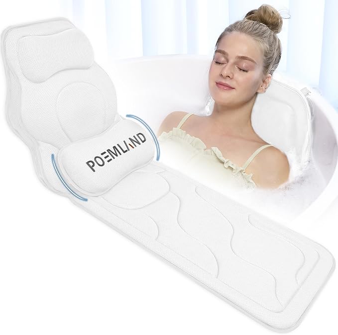 Poemland Full Body Bath Pillow for Tub - Extra Long & Thick Tub Pillow with Head, Back & Lumbar Support, 168 Non-Slip Suction Cups, Soft 5D Mesh Spa Cushion, Fits All Tubs-Gift for Soaking(White)