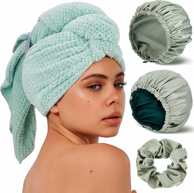 Floraltop 4 Pcs Microfiber Drying Hair Wrap Towels Reusable Waterproof Shower Cap with Elastic Band Adjustable Silk Hair Bonnet for Sleeping with Scrunchie for Women Christmas Favor Gifts(Green)
