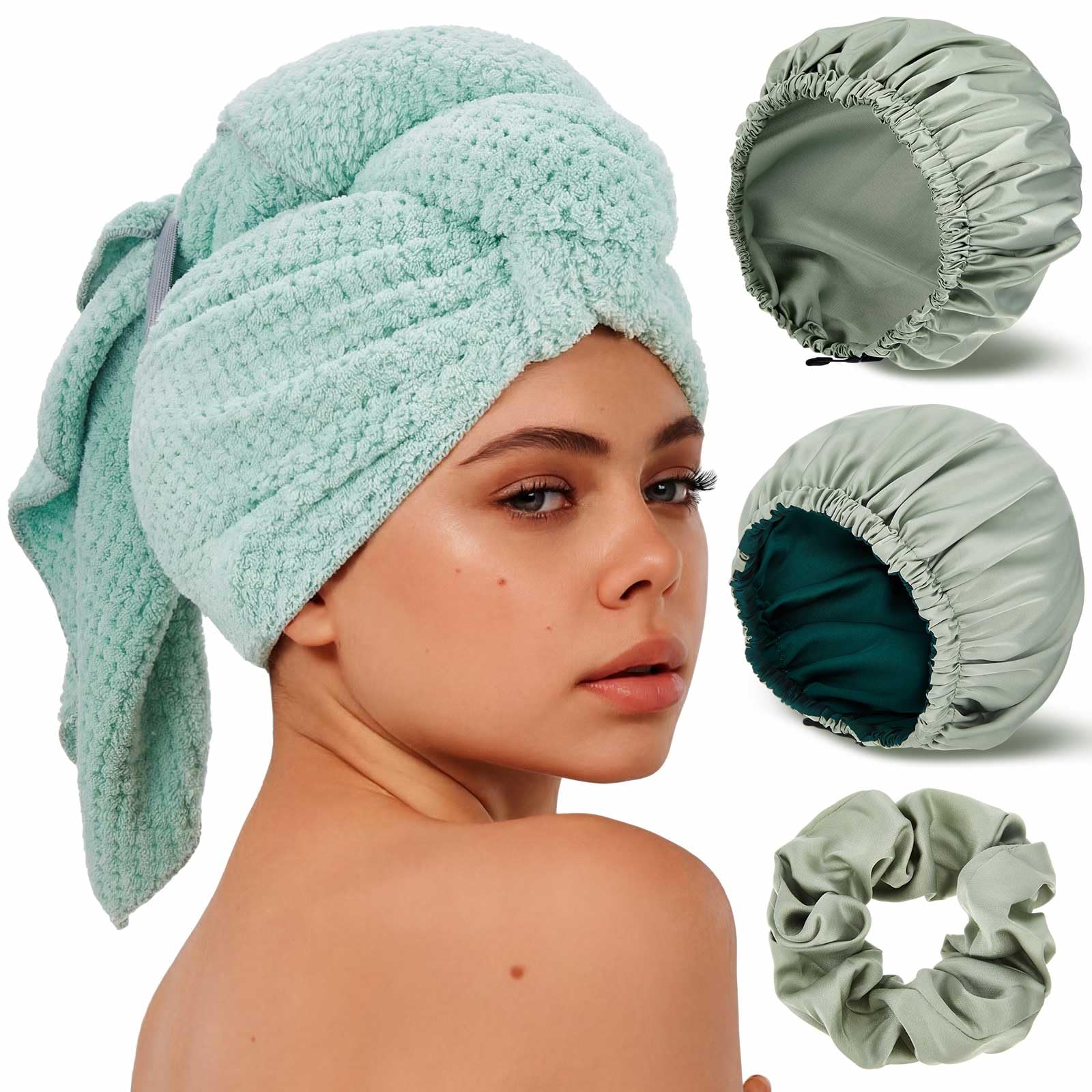 Floraltop 4 Pcs Microfiber Drying Hair Wrap Towels Reusable Waterproof Shower Cap with Elastic Band Adjustable Silk Hair Bonnet for Sleeping with Scrunchie for Women Christmas Favor Gifts(Green)