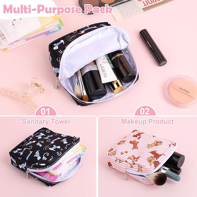 Desing Wish Sanitary Pad Storage Bag Portable Period Bag for Teen Pads/Sanitary Napkins/Small Tampons, Sanitary Napkin Storage Bag First Period Gifts for Teen Girls (Pink Striped Dog)