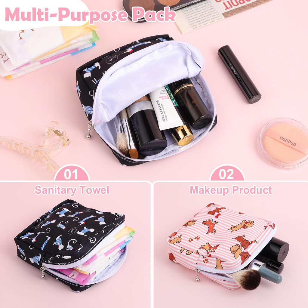 Desing Wish Sanitary Pad Storage Bag Portable Period Bag for Teen Pads/Sanitary Napkins/Small Tampons, Sanitary Napkin Storage Bag First Period Gifts for Teen Girls (Pink Striped Dog)