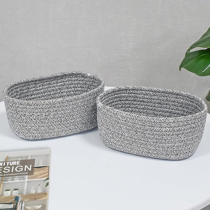 【2 Pack】ABenkle Small Woven Baskets, Tiny Oval Shallow Storage Baskets, Mini Cotton Rope Empty Decorative Basket, Boho Little Organizer Bins for Bathroom, Cat Dog Toy Gifts Baskets