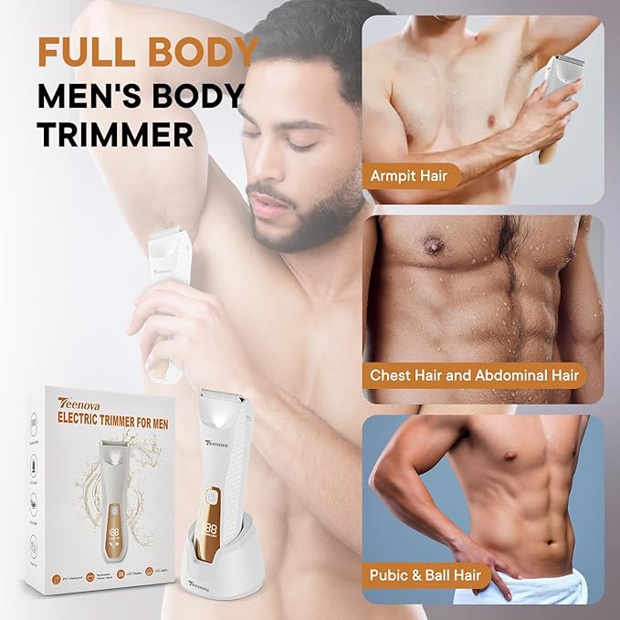 TEENOVA Pubic & Body Hair Trimmer for Men, 2 In 1 Electric Ball Groin Razor Shaver with Ceramic Blade, No Nick Mens Grooming Kits for Wet/Dry Use, Cordless Charging Body Groomer with Led Display,White