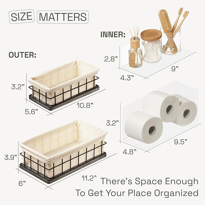 BAOBAB WORKSHOP Set of 2 Metal & Wooden Basket with Liners, Bathroom Basket Organizer & Kitchen Storage Decor, Toilet Paper Baskets for Back of Toilet Tank Tray Topper