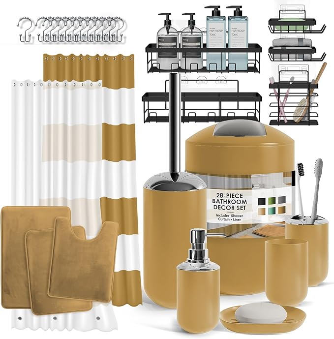 Clara Clark Bathroom Accessories Set - 23PC Shower Curtain Set with Bathroom Trash Can, Green Bathroom Set, Bathroom Sets with Shower Curtain and Green Rugs