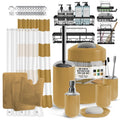 Clara Clark Bathroom Accessories Set - 28PC Bathroom Set with Adhesive Corner Shower Caddy Hanging, Bathroom Sets with Shower Curtain and Rugs, Gold Shower Curtain Set with Bathroom Trash Can