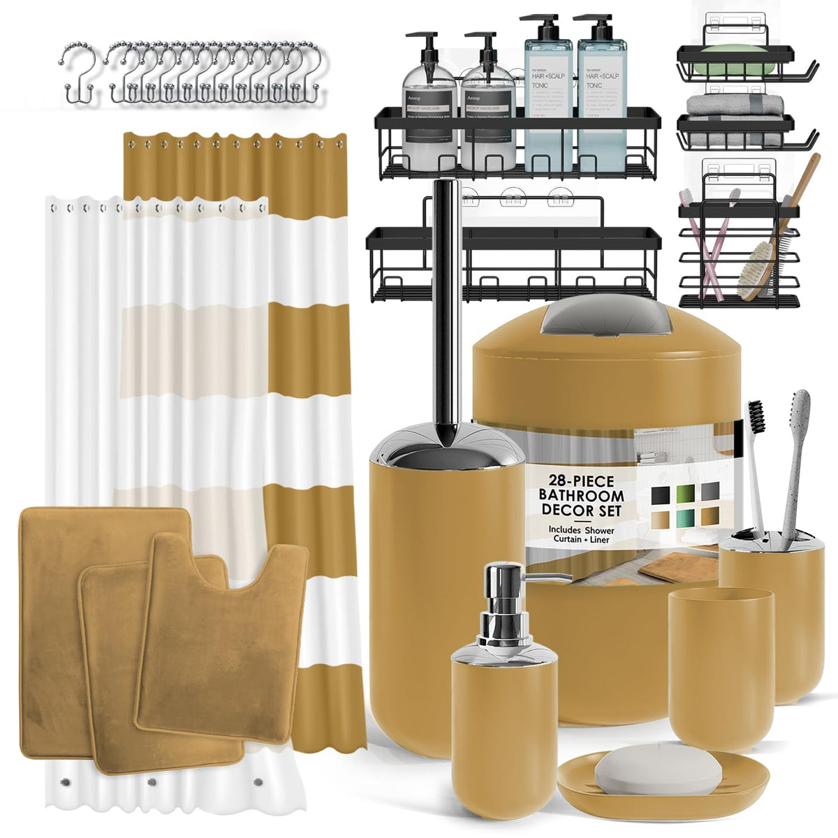 Clara Clark Bathroom Accessories Set - 28PC Bathroom Set with Adhesive Corner Shower Caddy Hanging, Bathroom Sets with Shower Curtain and Rugs, Gold Shower Curtain Set with Bathroom Trash Can