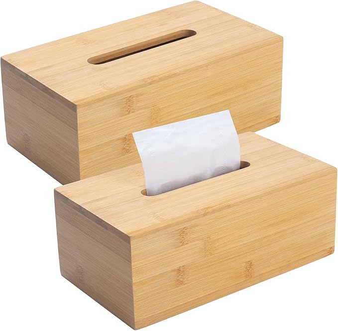 Tissue Box Cover, Rectangular Tissue Box Holder, Bamboo Facial Paper Holder for Bathroom, Bedroom, Dinner Table, Office (2 Pack, 9.8 x 5.5 x 3.7 inch)