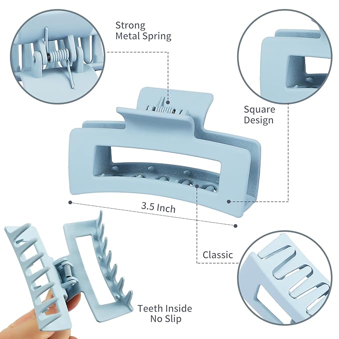 Sisiaipu 12 Pcs Medium Hair Clips, 3.5 Inch Square Claw Clips for Thick and Thin Hair - Blue