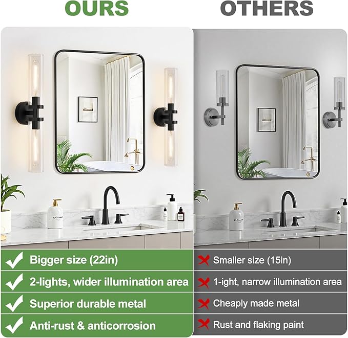 Matte Black Wall Sconces, Bathroom Sconces Wall Lighting with Clear Glass, Modern Sconces Wall Light fixtures for Bathroom Mirror Living Room Hallway Bedroom