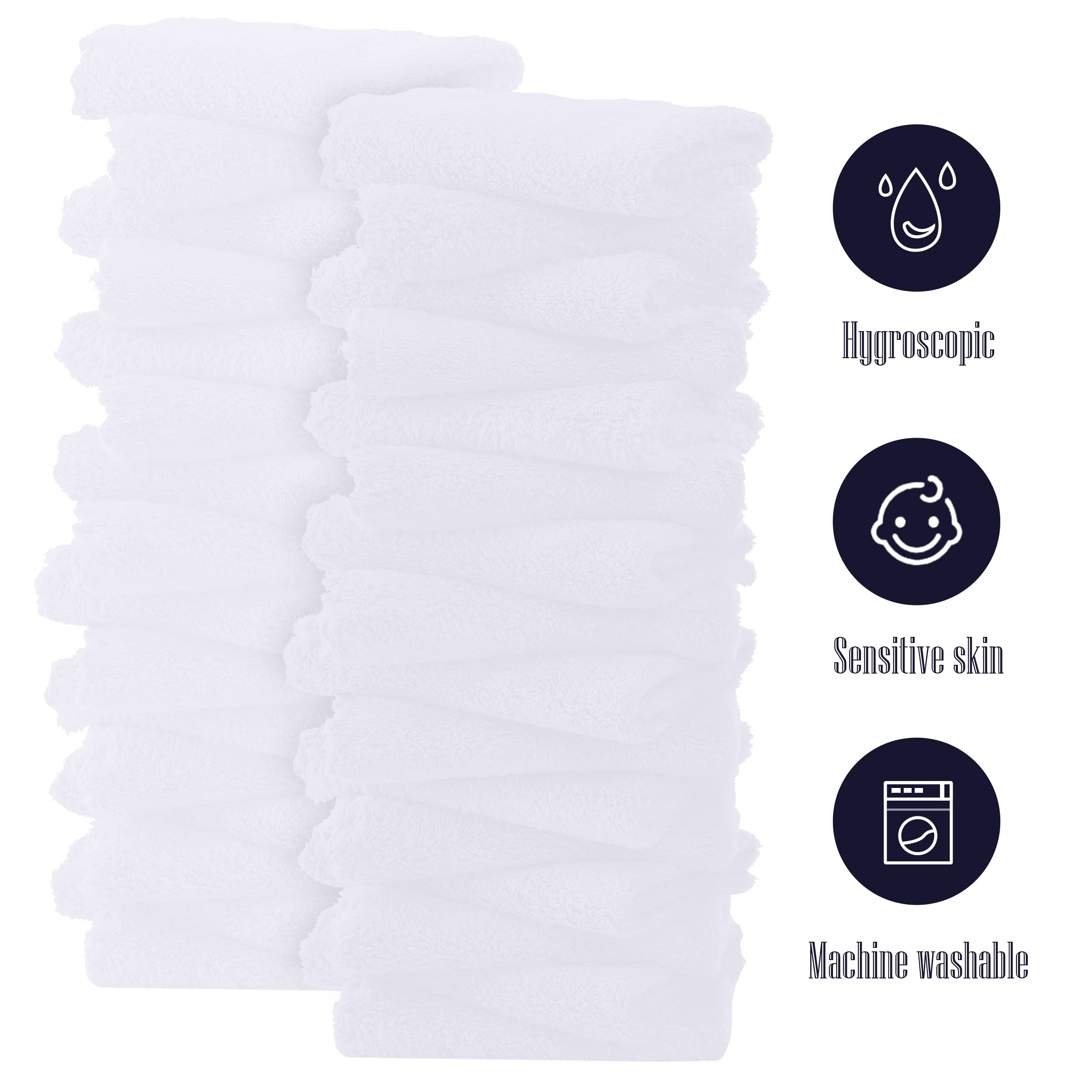 32 Pack Baby Washcloths - 10x10 Inch, Luxury Coral Fleece - Extra Absorbent and Soft Wash Clothes for Newborns, Infants and Toddlers - Suitable for Sensitive Skin and New Born - Baby Shower - White