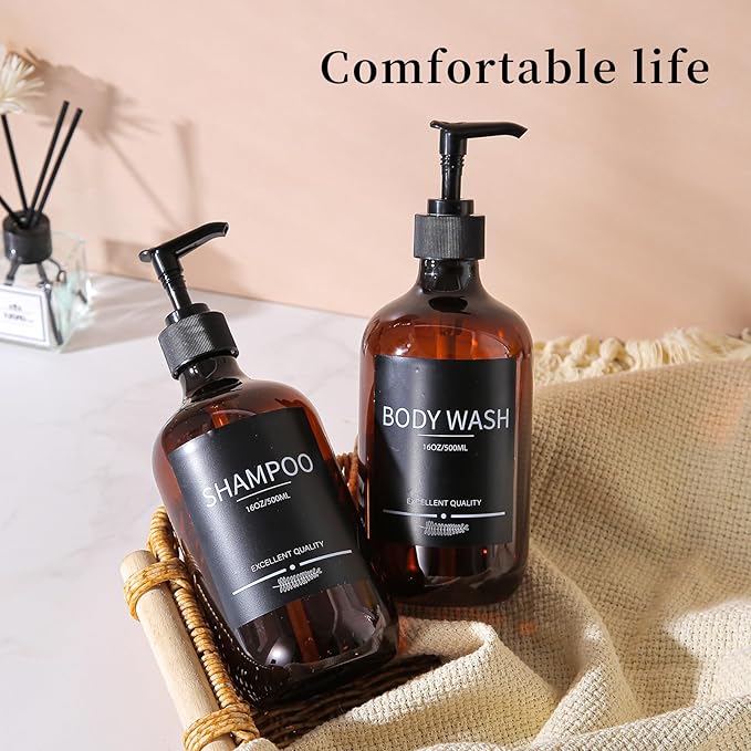 Mithrgrous 5Pack Amber Shower Bottles Refillable with Labels,16.9oz(500ml) Reusable Shampoo and Conditioner Bottles,Shampoo Dispenser Bottles