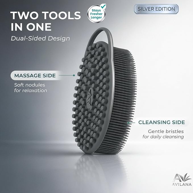 Avilana Silicone Body Scrubber for Shower – SGS Certified Food Grade Dual Sided Bath Brush, Gentle Exfoliating Silicone Loofah Alternative, Sensitive Skin Body Brush (Dark Gray-Silver, Massage)