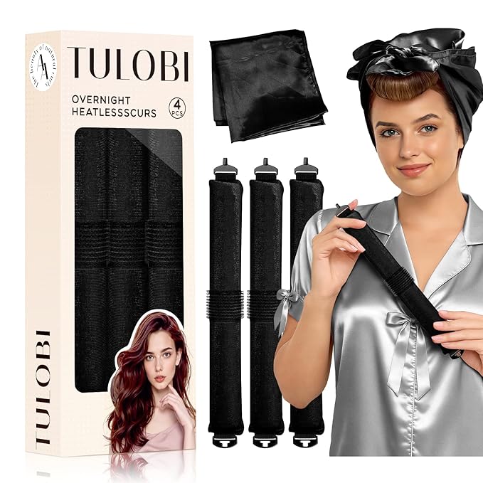TULOBI 3 Pcs Heatless Curls Overnight - Velvet Heatless Hair Curler with Satin Scarf, Overnight Jumbo Rods, Blowout Hair Curlers to Sleep in for Fine/Thick/Long Hair (Black)