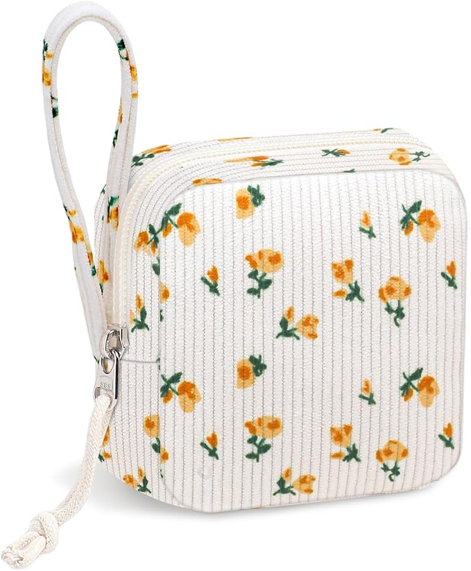 Chicarries Small Makeup Bag | Discreet Period Bag Pad Pouch for Purse| Sanitary Napkin Storage & Tampon Holder for Travel (Flower yellow)