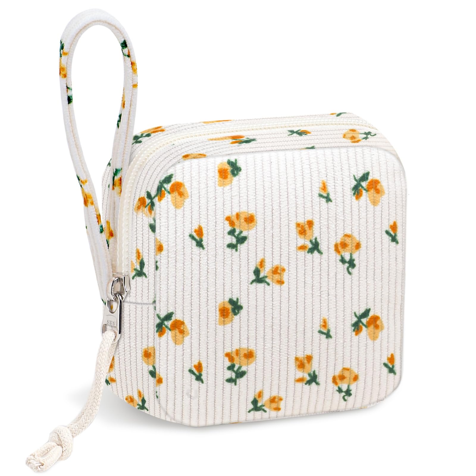 Chicarries Small Makeup Bag | Discreet Period Bag Pad Pouch for Purse| Sanitary Napkin Storage & Tampon Holder for Travel (Flower yellow)