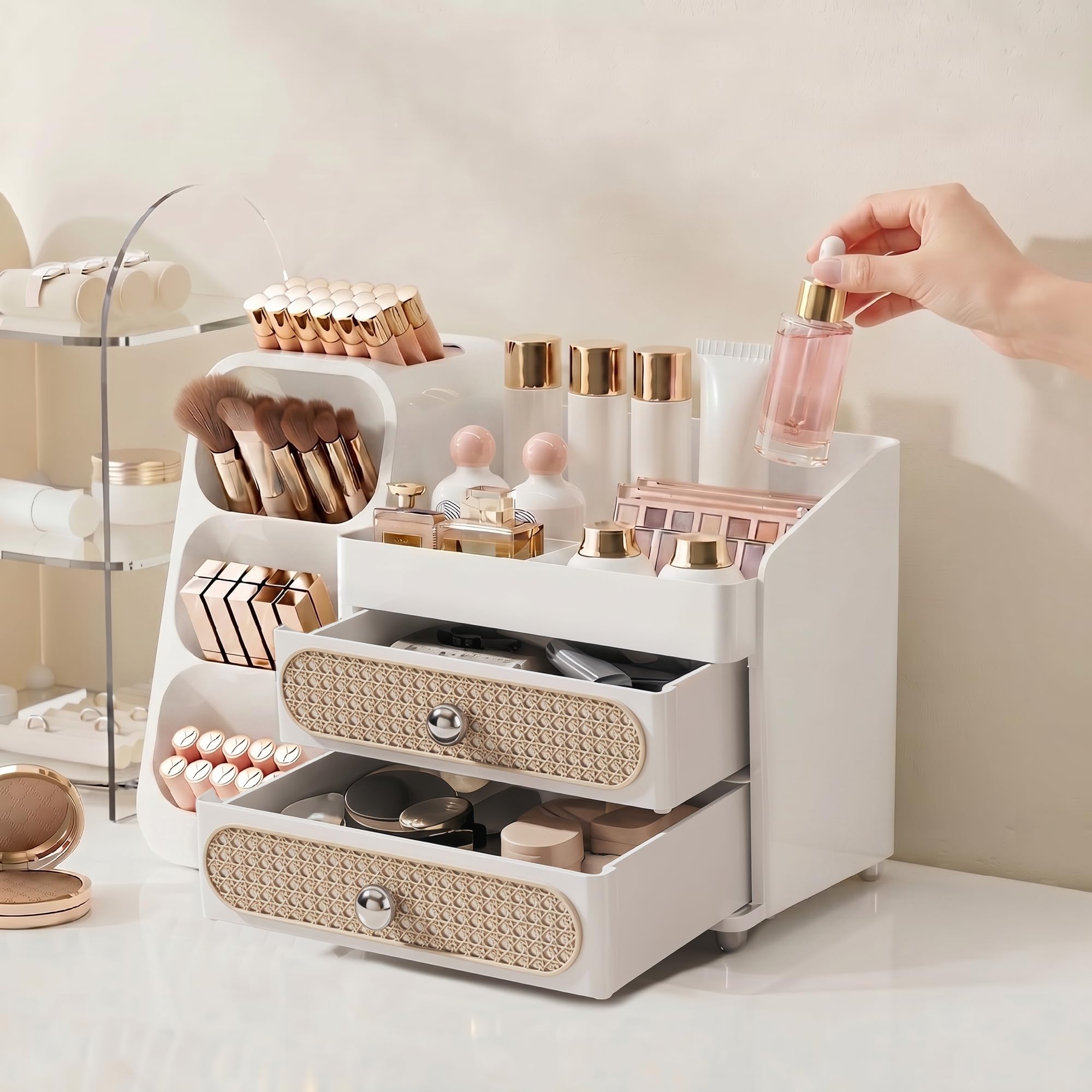Booklov Large Makeup Organizer for Vanity Countertop, White