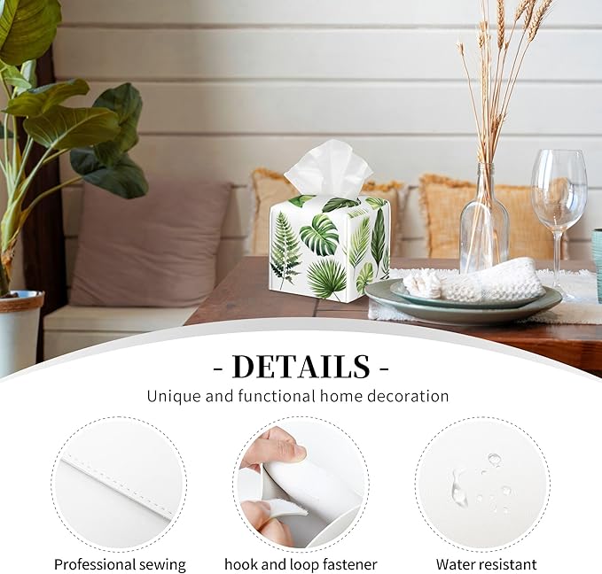 Green Tropical Leaves Tissue Box Cover Square,Watercolor Plant Palm Leaves Tissue Box Holder Waterproof Leather Facial Paper Organizer Dispenser for Bathroom Home Car Nightstand Vanity Desk