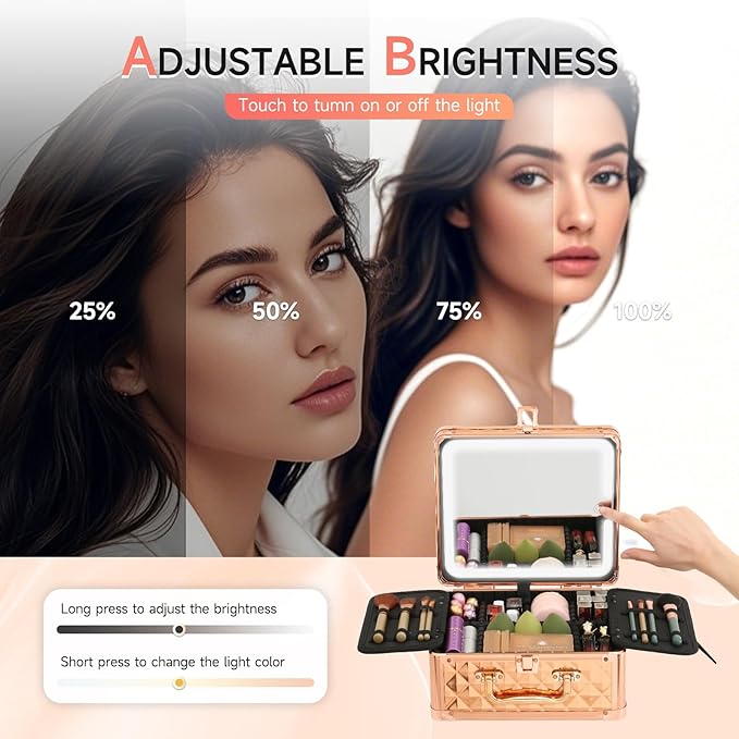 Leeora&Leekoo Makeup Box with Lighted Mirror,Portable Makeup Train Case Organizer (Rose Gold)
