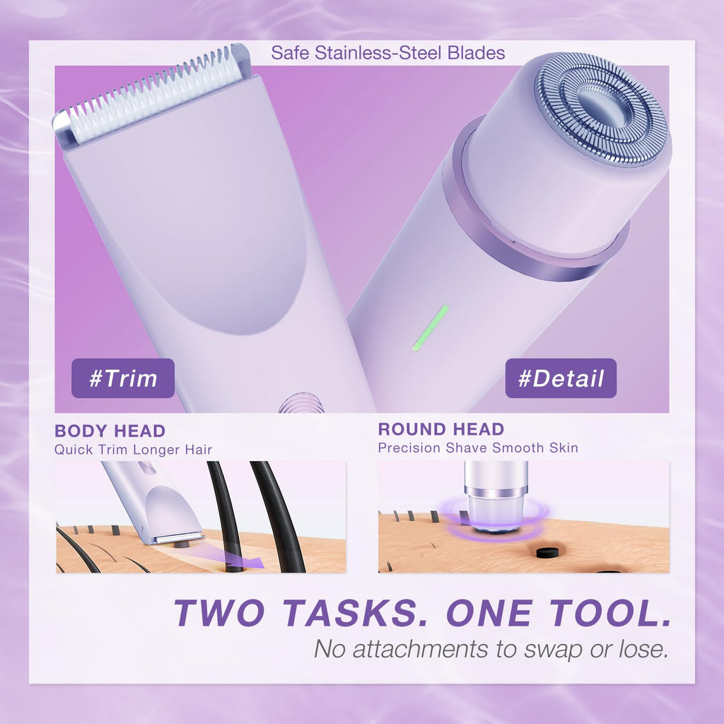AMURS Bikini Trimmer for Women, Dual-Head Electric Body Hair Trimmer for Sensitive Areas, IP67 Waterproof Rinsable, USB-C Rechargeable Groomer for Bikini Line, Underarms, Legs & Face (Lilac Mist)