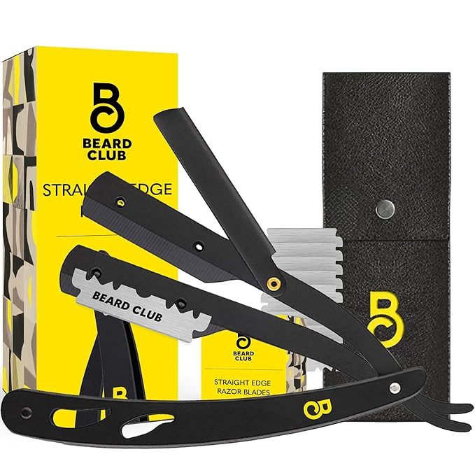 The Beard Club Straight Razor for Men - Navajas Para Barbero - Barber Straight Edge Razor Kit - Premium Single Derby Blade Cutthroat With 5 Replaceable Stainless Steel Blades & Leather Case