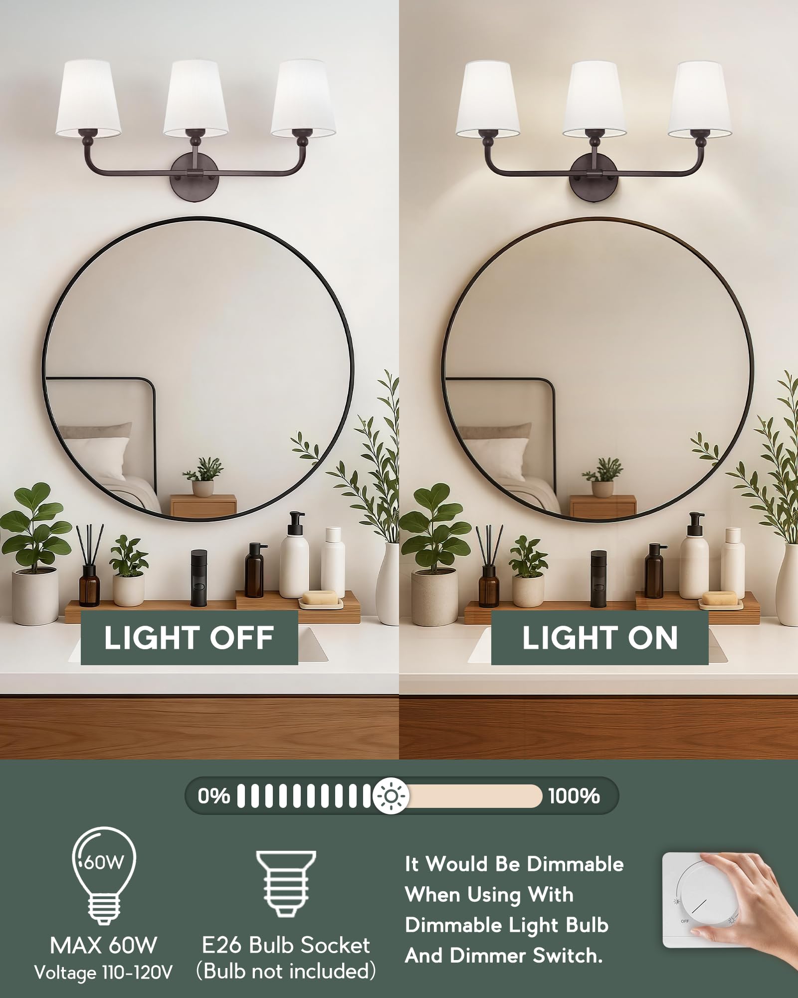 METWET 3-Light Oil Rubbed Bronze Bathroom Vanity Light, White Fabric