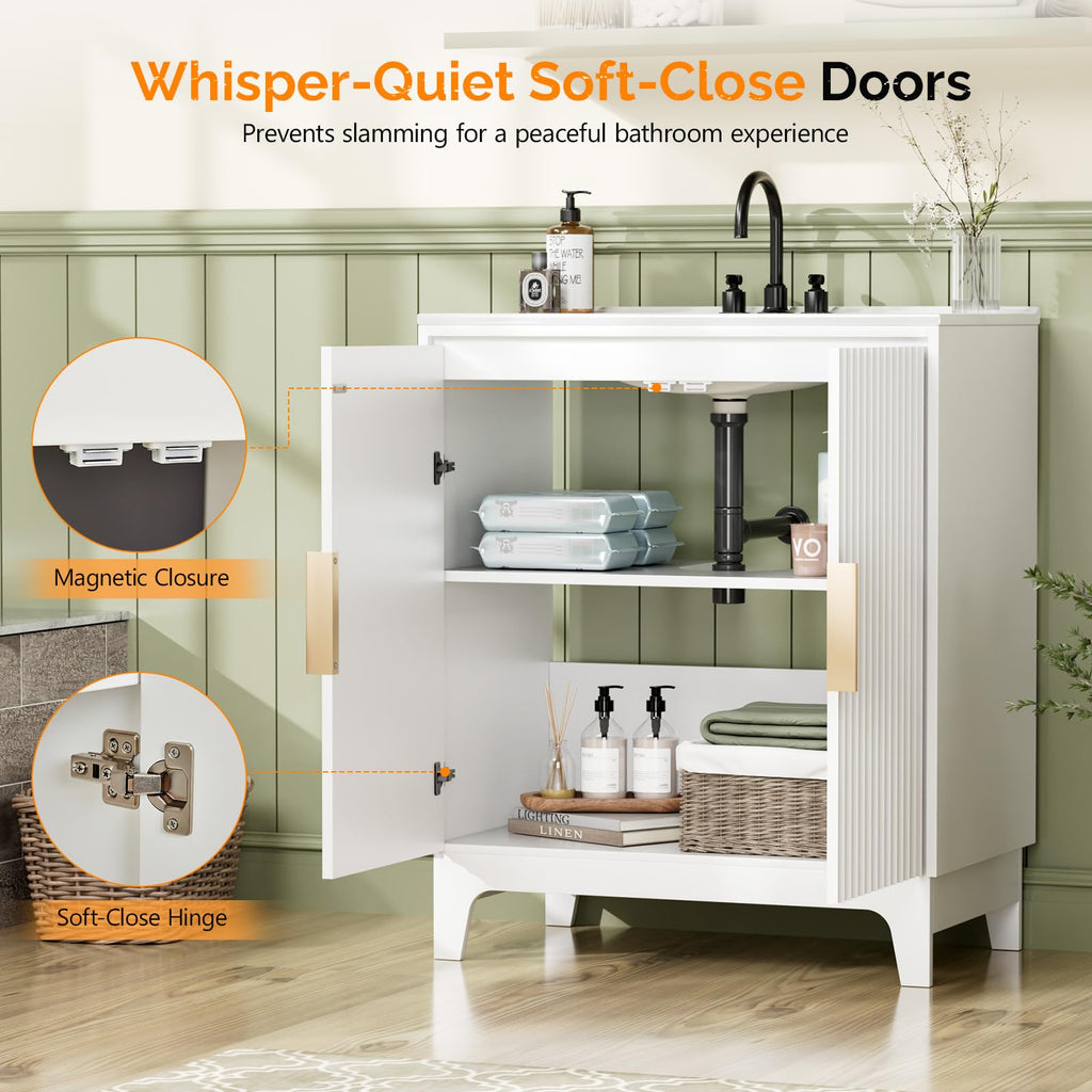 VINGLI 30 Inch Bathroom Vanity with Sink, Modern White Freestanding Cabinet with Ceramic Top, Fluted Soft-Close Doors & Gold Handles, U-Shape Storage for Small Bathroom