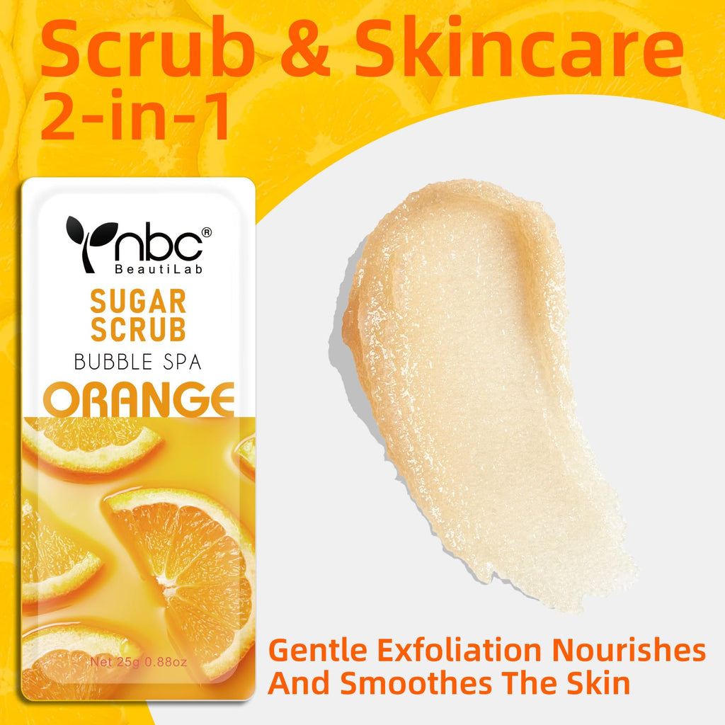 nbc BeautiLab Foot Exfoliating, Sugar Scrub, Dead Skin Remover for Feet, Individually Packaged Foot Scrub Smooths, Hydrates, Detoxifies Tired and Dry Cracked Feet 16 Packs per Box,Orange scent