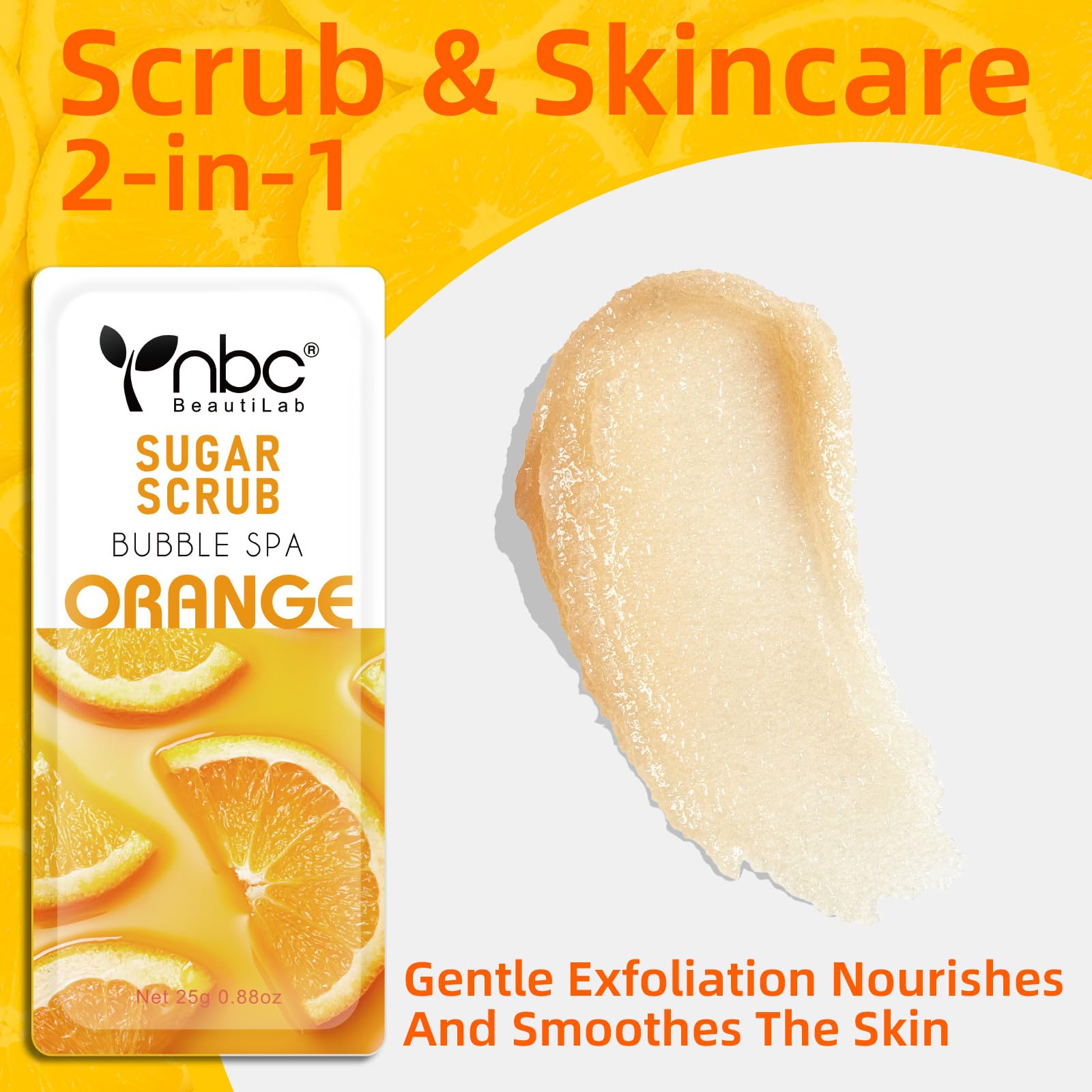 nbc BeautiLab Foot Exfoliating, Sugar Scrub, Dead Skin Remover for Feet, Individually Packaged Foot Scrub Smooths, Hydrates, Detoxifies Tired and Dry Cracked Feet 16 Packs per Box,Orange scent