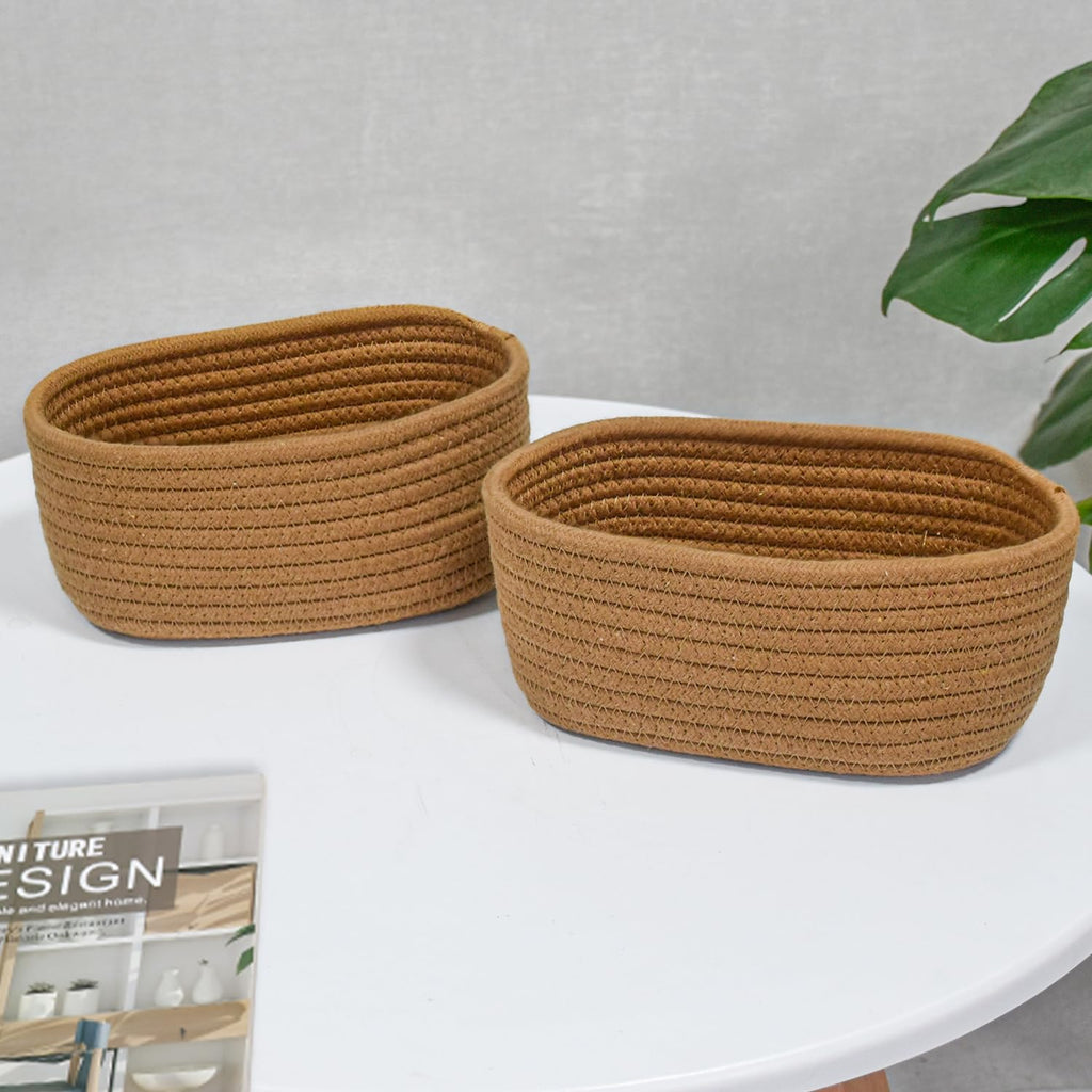 【2 Pack】ABenkle Small Woven Baskets, Tiny Oval Shallow Storage Baskets, Mini Cotton Rope Empty Decorative Basket, Boho Little Organizer Bins for Bathroom, Cat Dog Toy Gifts Baskets