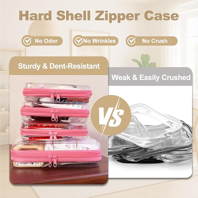 WELPIRT 4 pcs Clear Zipper Pouches, Hard Shell Zipper Case, Makeup Organizer Travel Toiletry bag, Diaper Bag, Travel Organizer, Clear Cosmetic Bag,Toy Storage Bins (M+3S Pink)