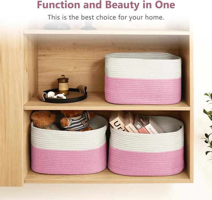 Cotton Rope Shelf Storage Basket, 15x10x9 in, Shelf Storage Baskets for Clothes, Towels, Books, Laundry (White/Pink, 2 Pack)