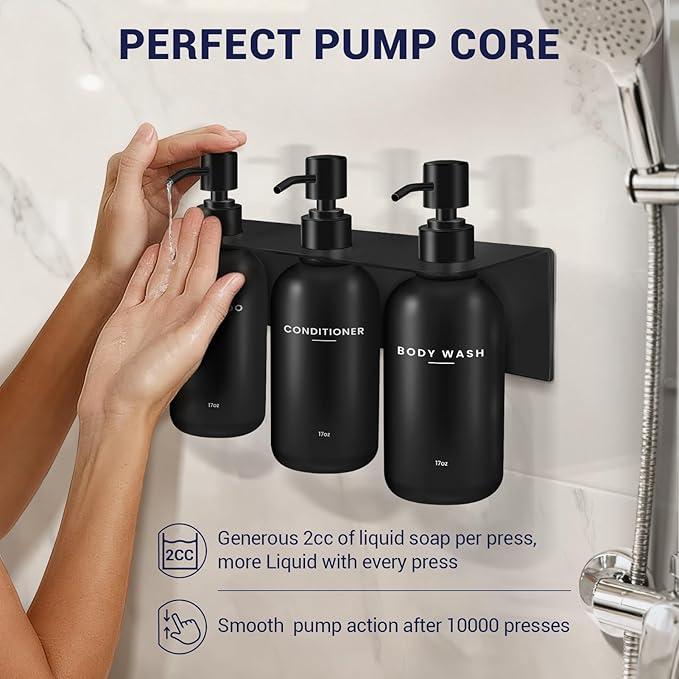 KLL Shampoo and Conditioner Dispenser Set - Shower Soap Dispenser Wall Mounted - Drill Free 16.9 fl oz Set of 3 Plastic Pump Bottles and Soap Holder - Shampoo Dispenser, Shower Dispenser - Black