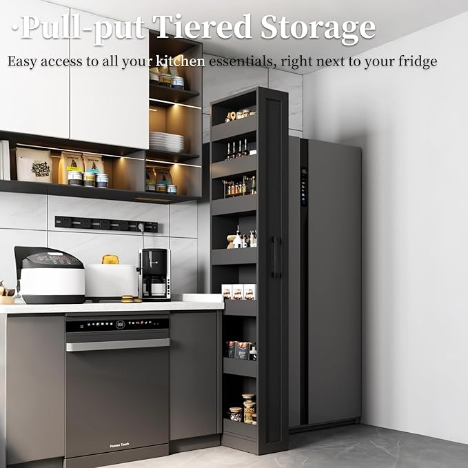 JOYSOURCE Tall Narrow Pull-Out Storage Shelf with Wheels 7-Tier Slim Rolling Storage Spice Rack Next to Fridge Utility Cart Single-Sided for Small Spaces, Kitchen, Laundry Room, Black