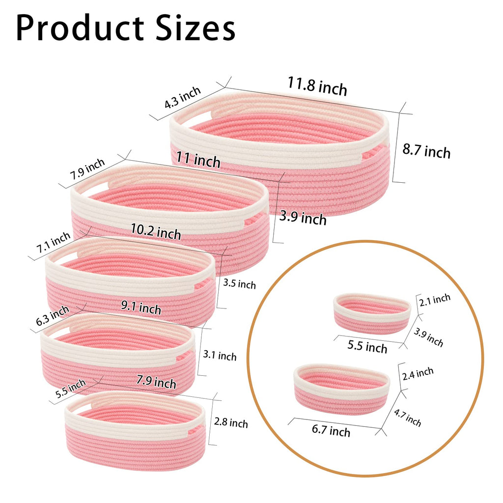 HLWDFLZ 7 Piece Cotton Rope Woven Basket Set - Small Basket for Baby Nursery, Pets, Montessori, Dog & Cat Toy Boxes, Bathroom Organization Bins (White/Pink)