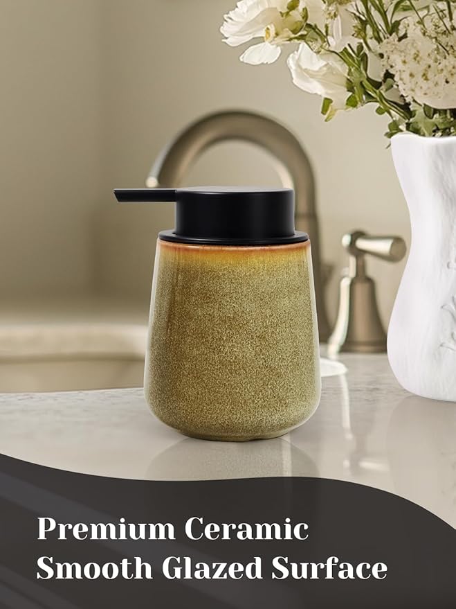 INGOFIN Ceramic Lotion Dispenser - 12 oz Refillable Hand Soap Dispenser Bathroom, Modern Liquid Soap Dispenser with Pump, Dish Dispenser for Kitchen,Kiln-Glazed Earthy Yellow-Brown
