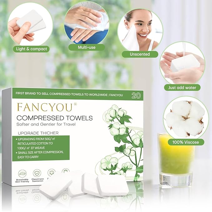 Disposable Face Towel 12"x9" Thicken, 20 Pack Compressed Towel Tablets, Clean Reusable Face Cloths, Compact Mini Portable Cotton Washcloths for Travel Beauty Gym BBQ Home Office Use